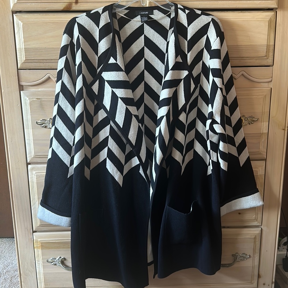 Alfani | Cream & Black Open Front Cardigan With Cuffed Sleeves & Pockets Size L